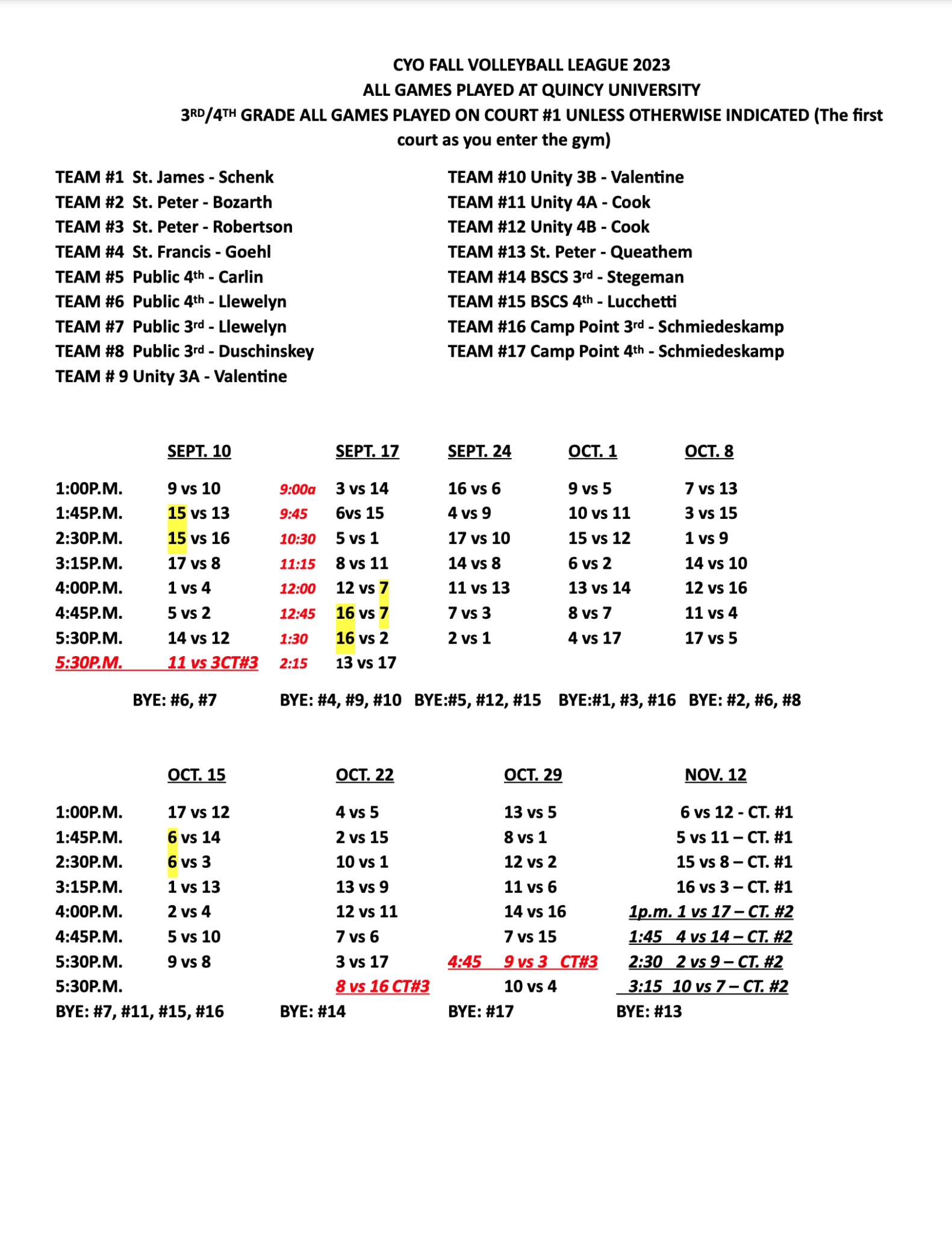 Fall 2023 3rd & 4th Grade Volleyball Schedule