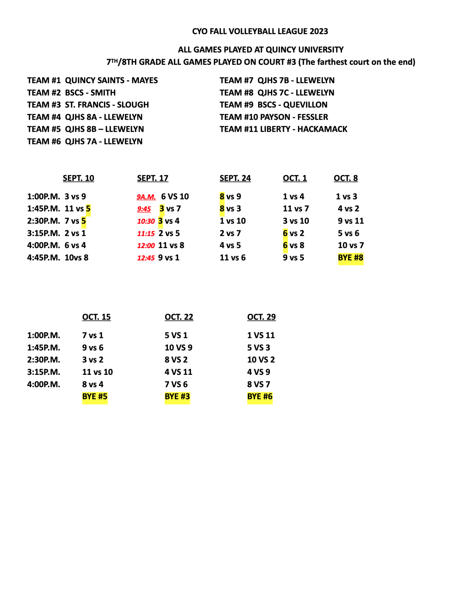 Fall 2023 7th & 8th Grade Volleyball Schedule